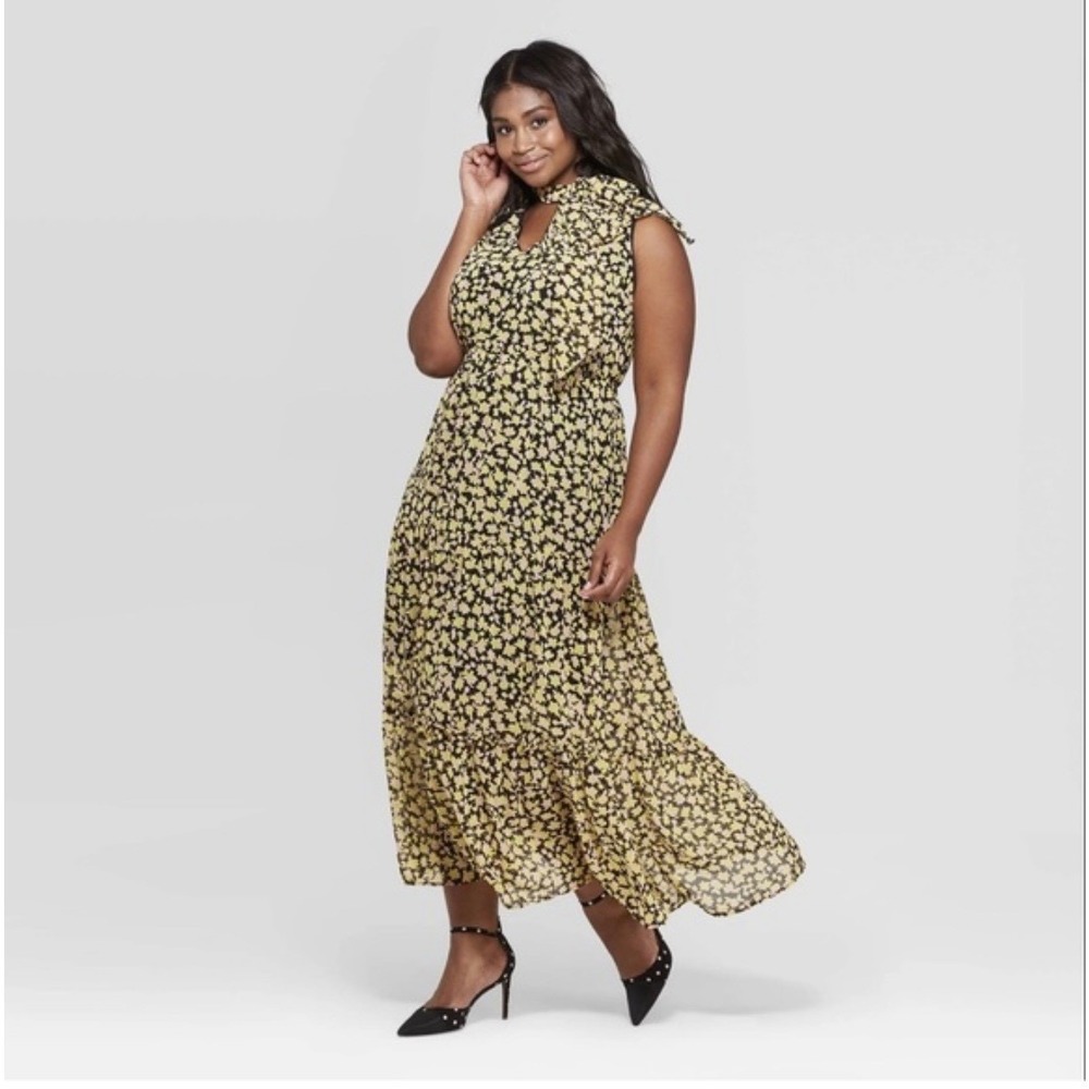 Who What Wear Yellow Floral Tie Neck Tiered Maxi Dress Sleeveless Black | Large - Picture 7 of 7
